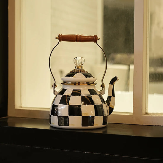 2.5L Kettle Classic Black White Grid Pattern Wooden Handle Ceramic Water Kettle, Heat Resistant, No Oil Sticking Home Decor